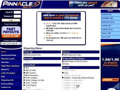 Pinnacle Sports home page